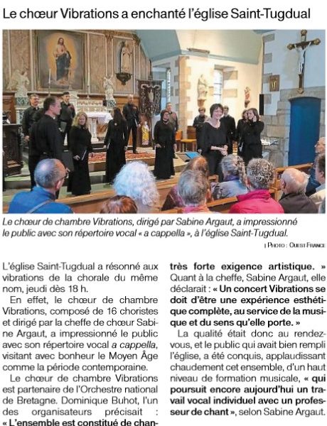 Article Ouest France du 30 mai 2022: "Le choeur Vibrations a enchanté l'église Saint-Tugdual"