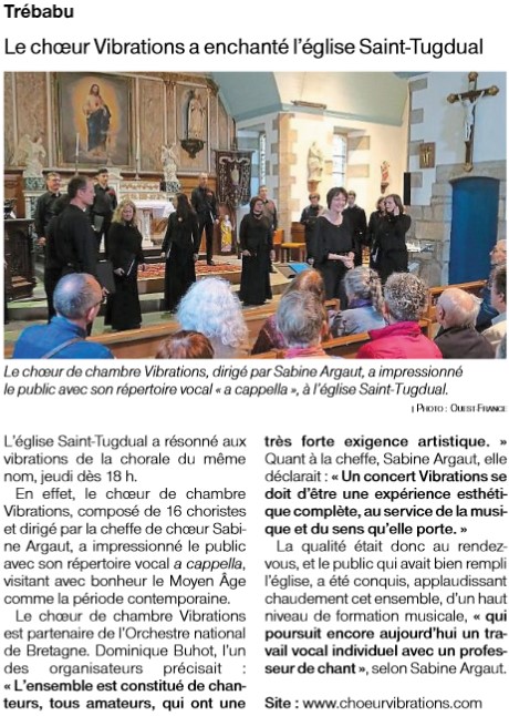 Article Ouest France du 30 mai 2022: "Le choeur Vibrations a enchanté l'église Saint-Tugdual"